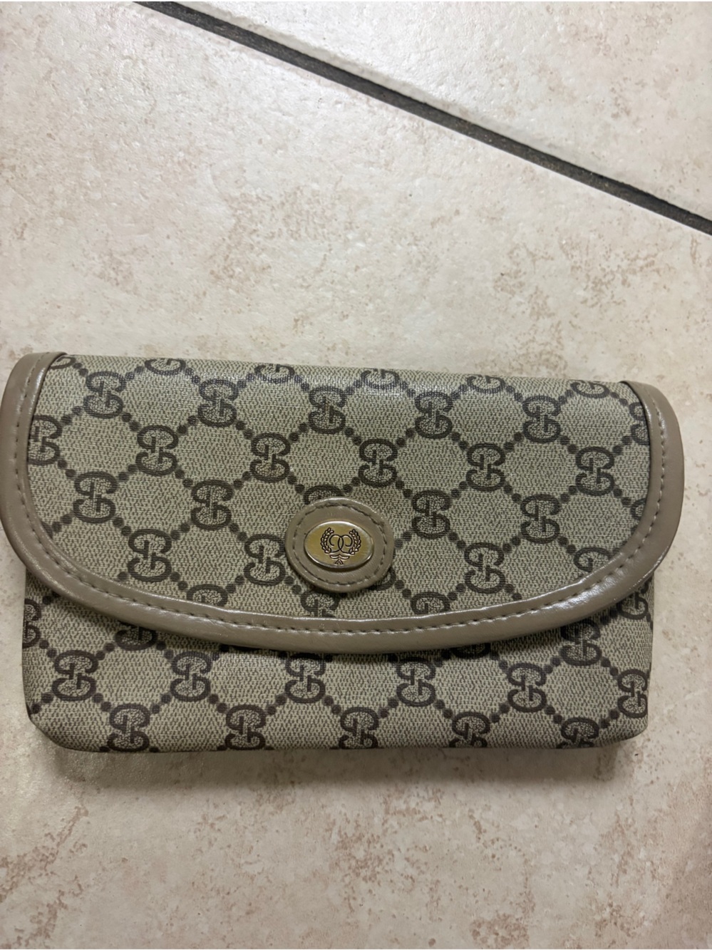 Beige Monogram Canvas Wallet with Gold-Tone Emblem